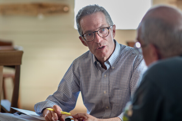 VSJF business coach Steve Voigt meets with Scott and Ian Duffy at Rockledge Farm in Reading. Photo by Erica Houskeeper.